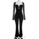 Women Sexy Strapless Lace Hollow-Out Drawstring Long-Sleeved Jumpsuit