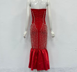 Women strapless sexy beaded red bandage bodycon dress