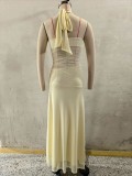 Women Halter Neck Mesh See-Through Summer Yellow Holidays Maxi Dress