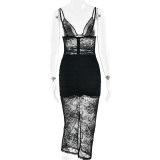 Women Spring Elegant Sexy Lace Jacquard See-Through Backless Strap Dress