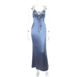Women Lace Bow Halter French Sexy Backless Fishtail Dress