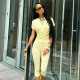 Women Autumn V-Neck Cross-Pleated Wrap-Up Short-Sleeved Top and Capri Pants Two-Piece Set