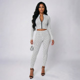 Women Polka Dot Print Long-Sleeved Zipper Top and Pants Two-Piece Set