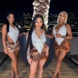 Women Spring Summer Halter Neck Backless Lace-Up Top Sexy Skirt Two-Piece Set