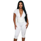 Women Autumn V-Neck Cross-Pleated Wrap-Up Short-Sleeved Top and Capri Pants Two-Piece Set