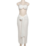 Women Spring Summer Sexy Strapless Vest Solid Crop Top and Tie Skirt Two-Piece Set