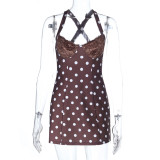 Women Polka Dot Lace Bra Wide Shoulder Strap Sexy Mini Dress