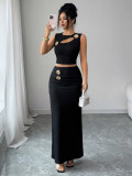 Women summer metallic hollow sleeveless top and skirt Two-piece set