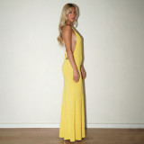 Women Autumn Solid Casual Sleeveless Backless Halter Fishtail Dress