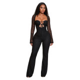 Women Sexy Strapless Lace Hollow-Out Drawstring Long-Sleeved Jumpsuit