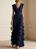 Women solid pleated short-sleeved V-neck chiffon dress