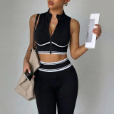Women Yoga Color Block Zipper Vest and Pants Fitness Two-Piece Set