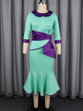Plus Size Women Color Block Peter Pan Collar Large Bow Maxi Fishtail Bodycon Dress