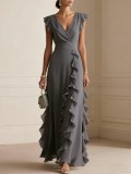 Women solid pleated short-sleeved V-neck chiffon dress