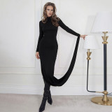 Women Solid Half-High Neck Asymmetrical Sleeve Dress