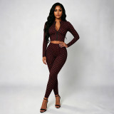 Women Polka Dot Print Long-Sleeved Zipper Top and Pants Two-Piece Set
