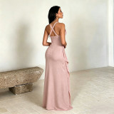 Women French Sexy Ruffled Square Neck Gathered Slit Dress