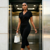 Women Autumn V-Neck Cross-Pleated Wrap-Up Short-Sleeved Top and Capri Pants Two-Piece Set