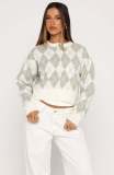 Women spring and autumn diamond pattern short knitting casual round neck sweater