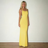 Women Autumn Solid Casual Sleeveless Backless Halter Fishtail Dress