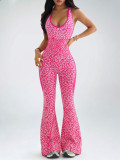 Women Yoga Leopard Print Sleeveless Bell Bottom Jumpsuit