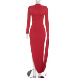 Women Solid Half-High Neck Asymmetrical Sleeve Dress