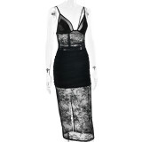 Women Spring Elegant Sexy Lace Jacquard See-Through Backless Strap Dress
