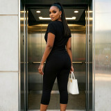 Women Autumn V-Neck Cross-Pleated Wrap-Up Short-Sleeved Top and Capri Pants Two-Piece Set