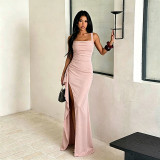 Women French Sexy Ruffled Square Neck Gathered Slit Dress