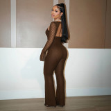 Women Sexy Strapless Lace Hollow-Out Drawstring Long-Sleeved Jumpsuit