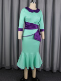 Plus Size Women Color Block Peter Pan Collar Large Bow Maxi Fishtail Bodycon Dress