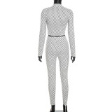 Women Polka Dot Print Long-Sleeved Zipper Top and Pants Two-Piece Set