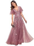 Women V-Neck Sequin Mesh Formal Party Dress（Processing time need 3-6 days）