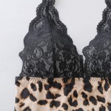 Women Halter Neck Lace Patchwork sexy leopard print see-through dress