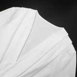 Women Autumn V-Neck Cross-Pleated Wrap-Up Short-Sleeved Top and Capri Pants Two-Piece Set