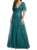 Women V-Neck Sequin Mesh Formal Party Dress（Processing time need 3-6 days）