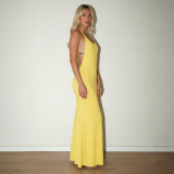 Women Autumn Solid Casual Sleeveless Backless Halter Fishtail Dress