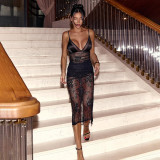Women Spring Elegant Sexy Lace Jacquard See-Through Backless Strap Dress