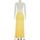 Women Autumn Solid Casual Sleeveless Backless Halter Fishtail Dress
