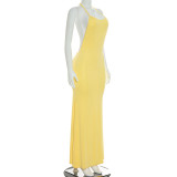Women Autumn Solid Casual Sleeveless Backless Halter Fishtail Dress