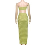 Women Spring Summer Sexy Strapless Vest Solid Crop Top and Tie Skirt Two-Piece Set