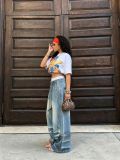 Street Style Drawstring Ruched Letter Embroidered Denim Pants