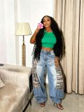 Street Style Patchwork Camouflage Ripped Wide Leg Denim Pants