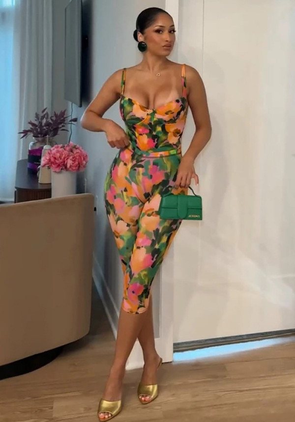 Women's Sexy Floral Print Low Back Tank Top & Cropped Pants Set