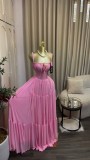 Summer Women's Chic Elegant Ruched High Waist Strap Maxi Dress