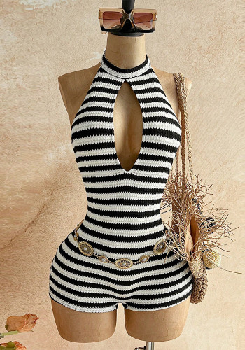 Women's Holidays Halter Neck Striped Low Back Lace-Up Slim Fit Romper Jumpsuit