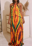Women's Bohemian Holidays Print Halter Neck Low Back Short Sleeve Loose Dress