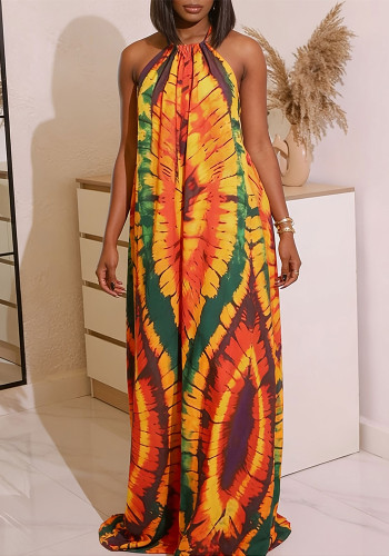 Women's Bohemian Holidays Print Halter Neck Low Back Short Sleeve Loose Dress