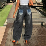 Asymmetrical Patchwork Paint Splatter Denim Pants