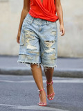 Street Style Ripped Double Waistband Wash Denim Shorts